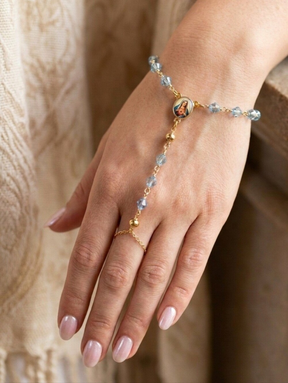 Czech Blue Crystal Hand Ring Bracelet